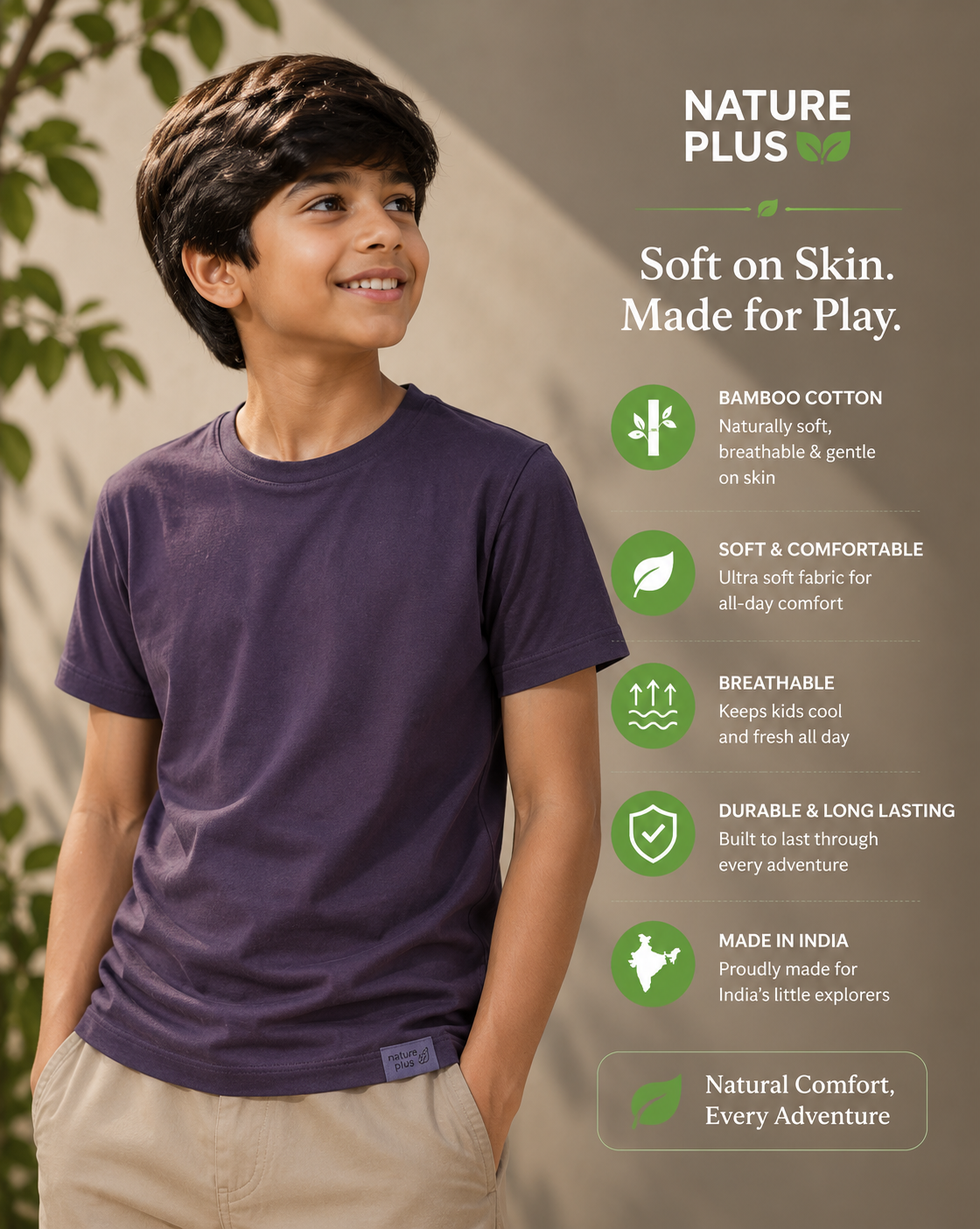 Nature Plus Men's Lightweight Purple Bamboo Half Sleeve T-Shirts Made for Indian Summers